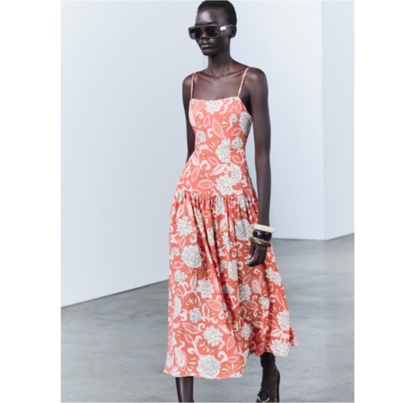 Zara Red and White Floral Drop Waist Dress - Picture 5 of 6